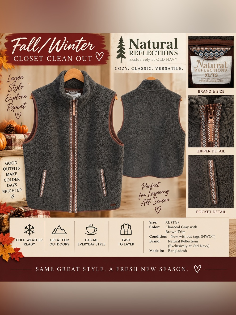 Natural Reflections Charcoal Gray Sherpa Vest with Brown Trim